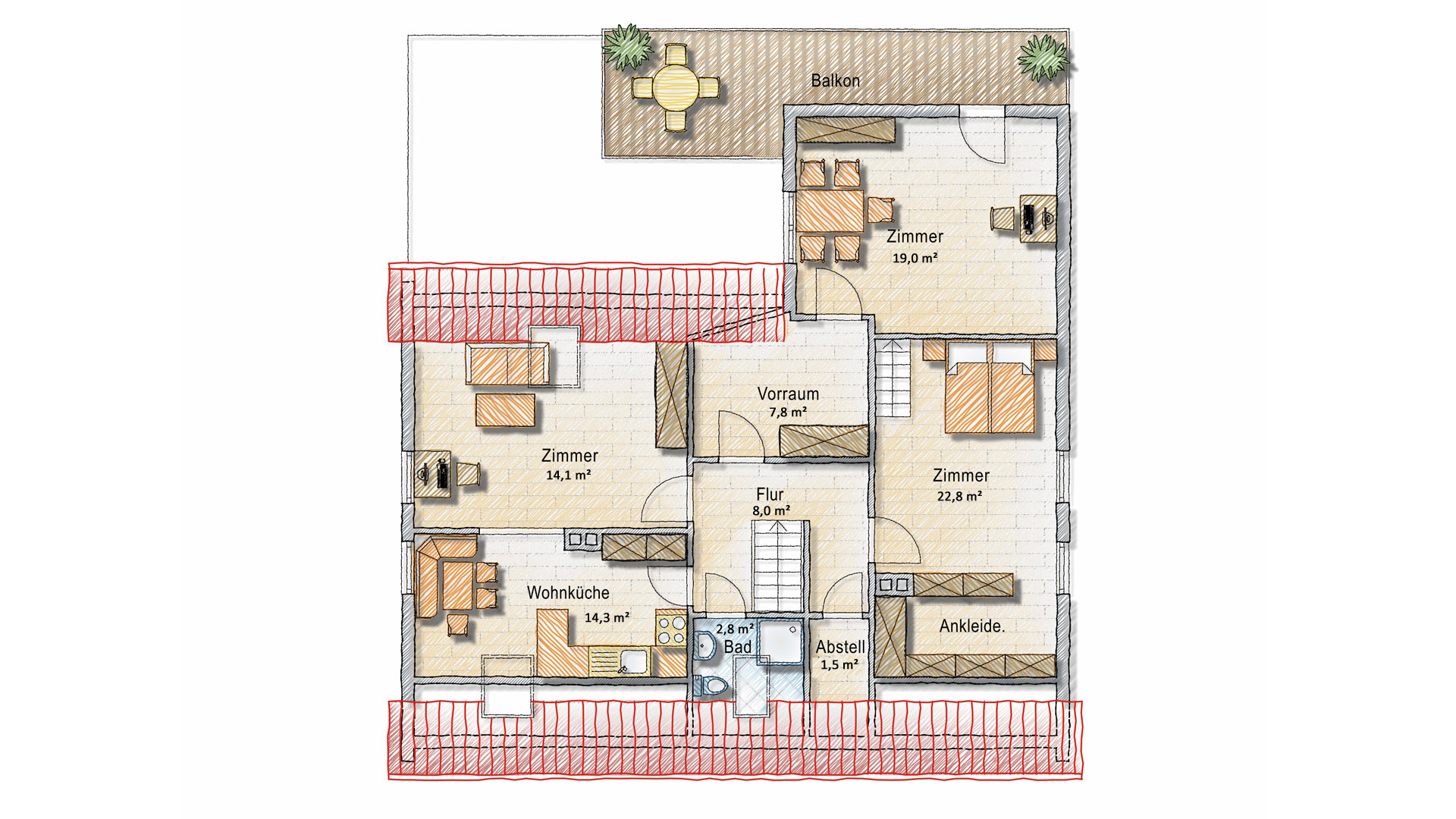 Morsbach: Gepflegtes 1 bis 2-Familienhaus, Grundriss-Dachgeschoss: 91 m² - als separate Wohnung, oder 4 Zimmer und Bad